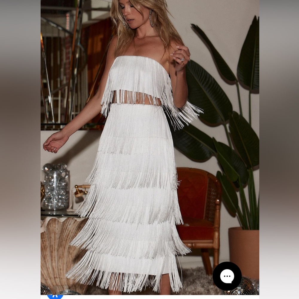 12th Tribe White Fringe Tiered Midi Skirt